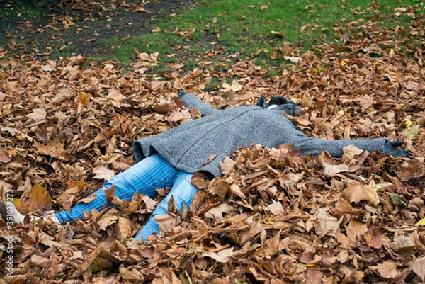 Fototapeta Portrait of woman lying in the autumnal leaves in a public garden