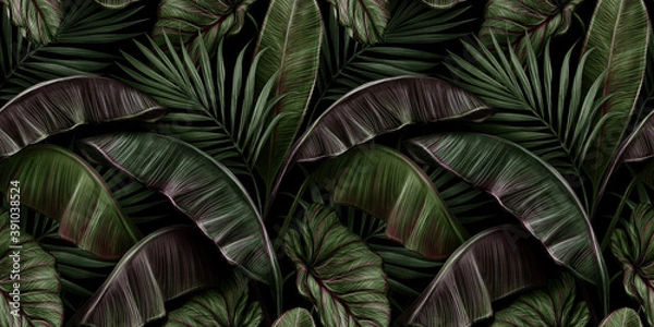 Fototapeta Tropical exotic seamless pattern with green vintage banana leaves, palm and colocasia. Hand-drawn 3D illustration. Good for production wallpapers, cloth, fabric printing, goods.