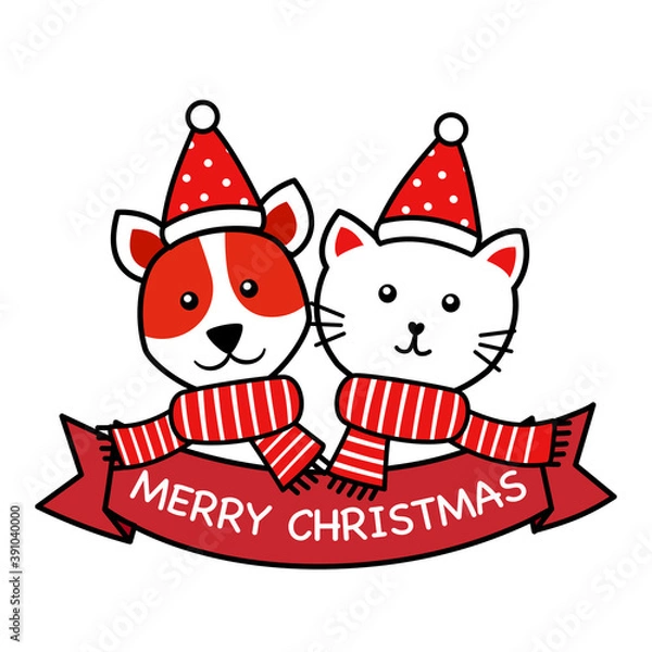 Obraz Dog and cat wearing Santa hat and scarf in line art design. Merry Christmas concept vector illustration. Holiday celebration.