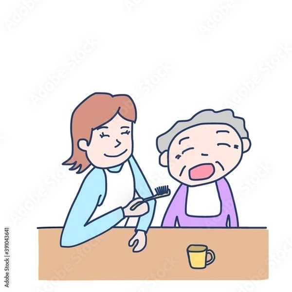 Fototapeta 高齢者に歯磨きの介助をしている女性