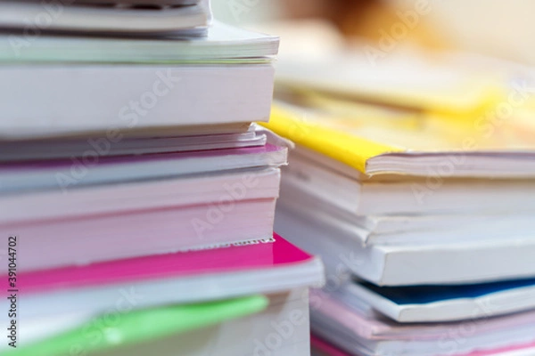 Fototapeta Stack overload documents report papers research classroom on teacher desk waiting approve from advisor check, Annual Reports document for evaluation in student study or business paperless concept
