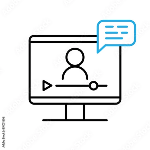 Fototapeta Online lesson icon. Video training symbol. Linear vector icon. Person talking in screen.