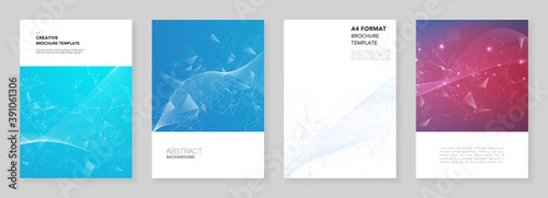 Fototapeta A4 brochure layout of covers design templates for flyer leaflet, A4 brochure design, report, presentation, magazine cover, book design. Polygonal science background with connecting dots and lines.