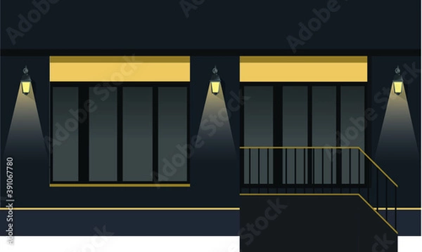 Obraz Vector Europian Shop Boutique Museum Restaurant Cafe Store Front with Big Windows, Place for Name, Greenery, Street Lanterns