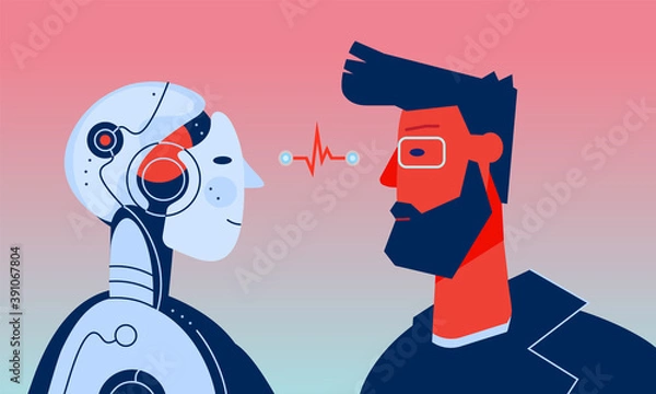 Fototapeta The male human and male robot with artificial intelligence looking at each other. Trendy bright linear illustration