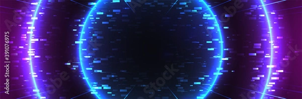 Obraz Synthwave neon background. Glitch effect. Blue circle. 80s style. Pink glow. Dark retrowave banner template
