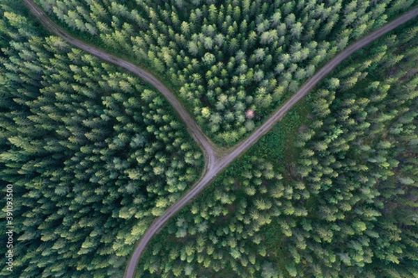 Obraz Aerial view of crossroads in a forest in Finland