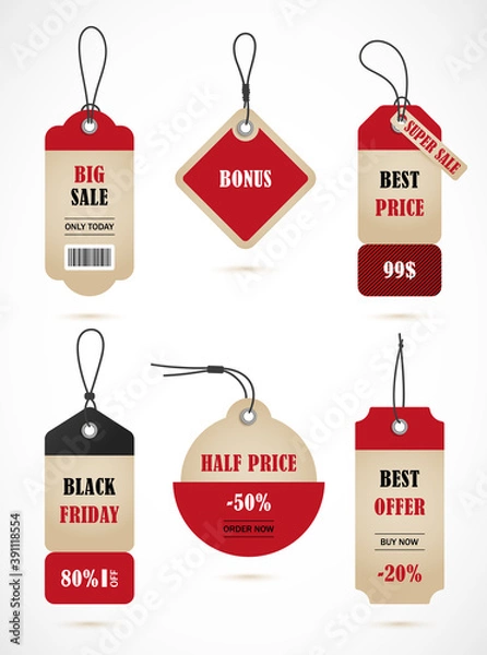 Fototapeta Vector stickers, price tag, banner, label. Coupon sale, offers and promotions vector template.