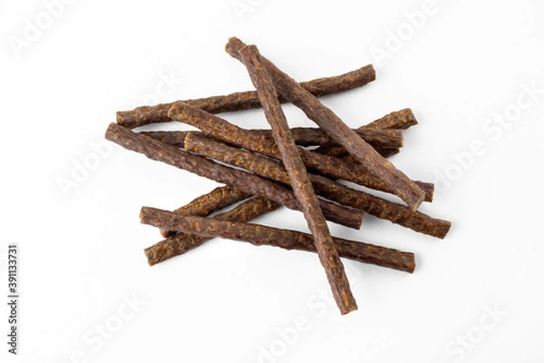 Obraz a group of natural formed dog treats, beef, chicken, pork, lamb meat sticks on white background