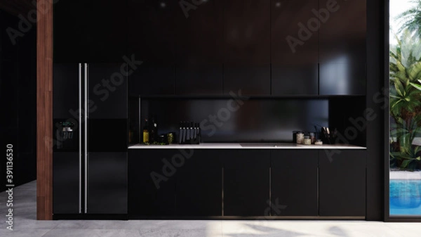 Obraz Modern black kitchen front view, 3D Illustration