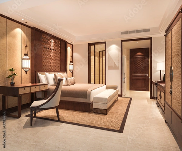 Fototapeta 3d rendering luxury tropical bedroom suite in resort hotel with wardrobe