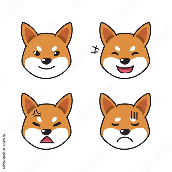 Fototapeta Set of shiba inu dog faces showing different emotions for design.