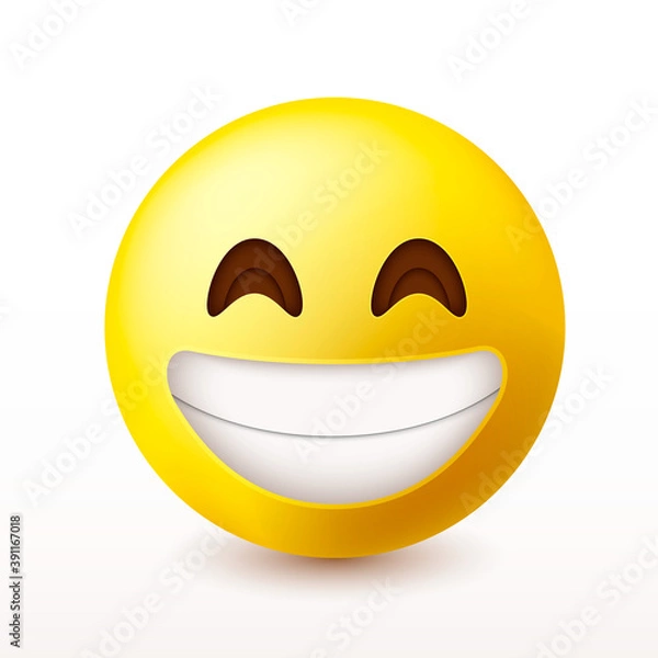 Fototapeta Beaming face emoji with smiling eyes and a broad, open smile with a full-toothed grin as if saying Cheese! for the camera