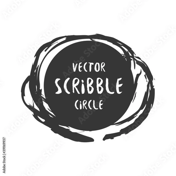 Fototapeta Hand drawn scribble vector circle and label with text. Logo design and decoration element