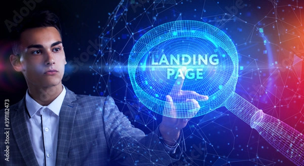Fototapeta Businessman presses button landing page on virtual screens. Business, Technology, Internet and network concept.