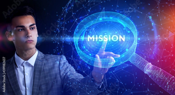 Fototapeta Business, Technology, Internet and network concept. Young businessman working on the tablet of the future, select the virtual screen: Mission