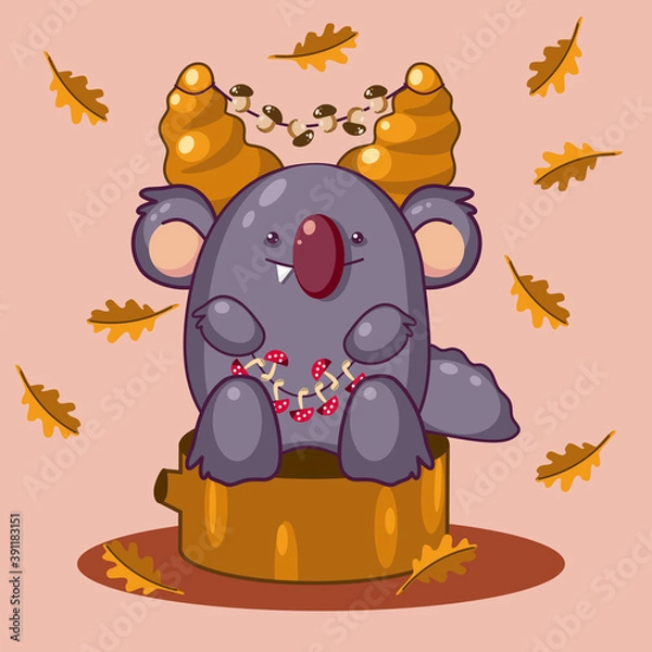 Obraz Cute autumn forest monster with mushrooms on a stump. Vector illustration.