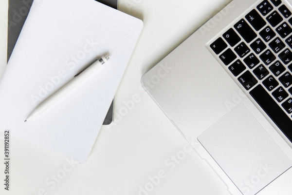 Fototapeta workspace with laptop white and gray notepad and palm leaf and phone. two notepads lie on a plain background with a pen. business concept for meeting in boho style. space for writing in the style of w