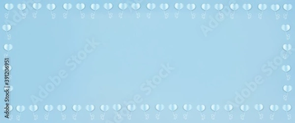 Fototapeta Valentines heart balloon with people flying and floating on blue sky background. Paper Cut Design Illustration of love for Happy Mother's or Valentine's Day greeting card design.