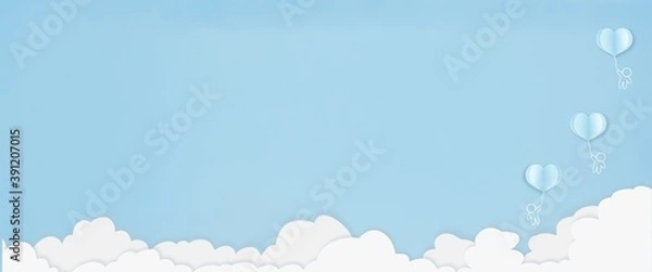 Fototapeta Valentines heart balloon with people flying and floating on blue sky background. Paper Cut Design Illustration of love for Happy Mother's or Valentine's Day greeting card design.