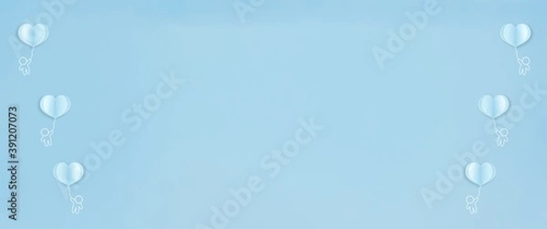 Fototapeta Valentines heart balloon with people flying and floating on blue sky background. Paper Cut Design Illustration of love for Happy Mother's or Valentine's Day greeting card design.