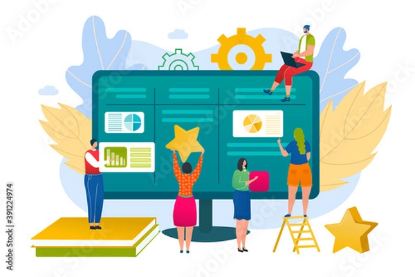 Fototapeta Business people use kanban board management concept, vector illustration. Scrum team project work, man woman cartoon character have task at meeting. Agile work flat development strategy.