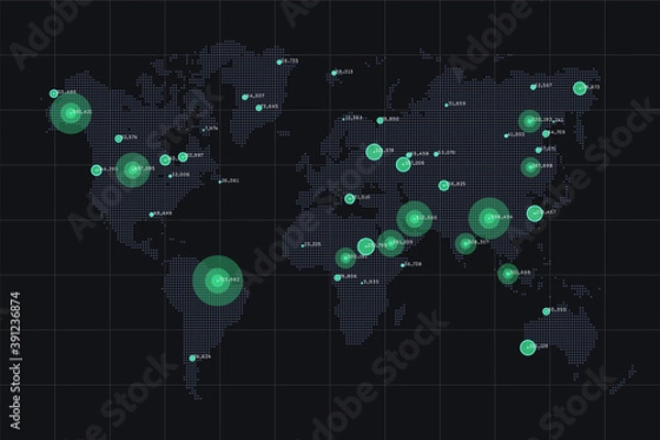 Obraz Wizualizacja Big Data na mapie świata. Abstrakcyjne dane na mapie. Globalne monitorowanie aktywności. Mapa cieplna klastrów. Informacje wizualne. Mapa danych dotyczących działalności człowieka.