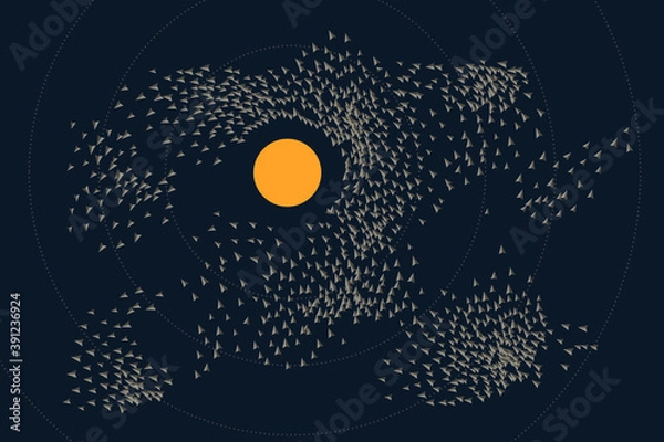 Obraz Obstacle avoidance behaviour. Crowd behaviour. Flocking boids simulation. Artificial life model. Swarm formation. Group of boids. Emergent behaviour.