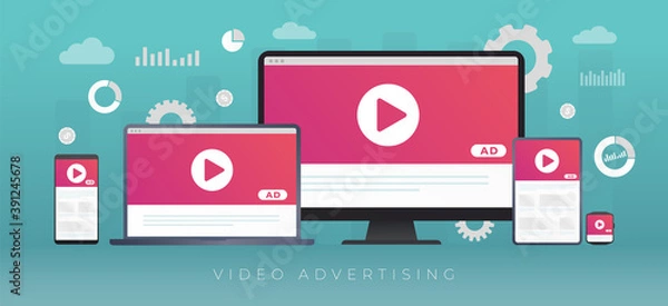 Fototapeta Video Advertising, digital online media marketing and business concept. Streaming live content and Online video broadcasting for target audience. Ad media on desktop, tablet pc and mobile phone screen
