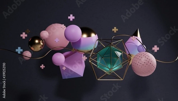 Fototapeta Cluster of abstract spheres and solids, gold, pink and teal, 3d render / rendering

