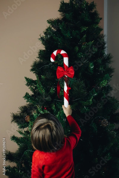 Obraz Child decorating the tree seen from behind