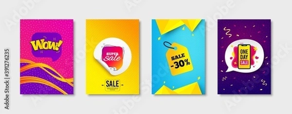 Fototapeta Sale 30%, Wow bubble and Super sale promo label set. Sticker template layout. One day sign. Price label, Special offer, Discount bubble. Promotional tag set. Speech bubble banner. Vector
