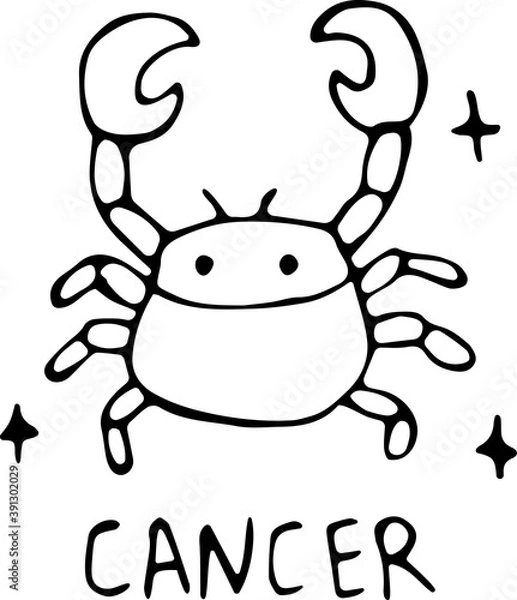 Fototapeta Vector illustration of the zodiac sign cancer in the power of Doodle, black outline on an isolated white background. The concept of astrology, mysticism, divination, horoscopes. Can be used for books