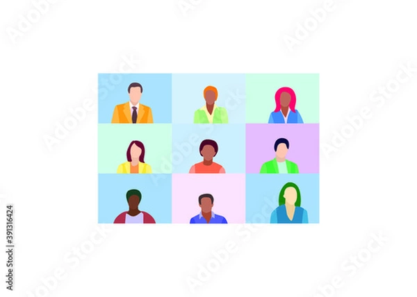 Fototapeta people connecting together, learning or meeting online with teleconference, video conference remote working on  computer, work from home and work from anywhere concept, flat vector illustration