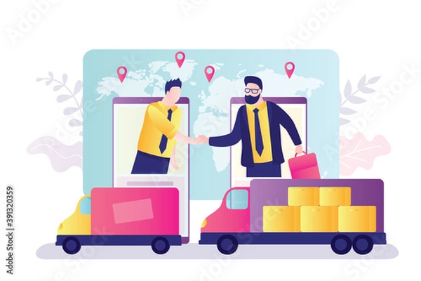 Fototapeta Customer and supplier shake hands on smartphone screens. Logistics, delivery of goods all over world. Globalization