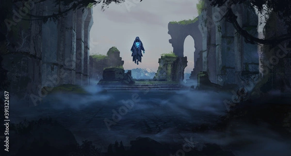 Obraz Cyfrowe malowanie ruin zamku z tajemniczym nieumarłym królem-duchami unoszącym się na zniszczonym tronie - ilustracja fantasy