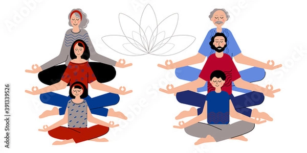 Fototapeta Joga jest dla każdego. Grupa ludzi w różnym wieku Medytujcie razem, aby poczuć się bardziej zrelaksowanym, spokojnym i wolnym. Medytując w pozycji jogi.