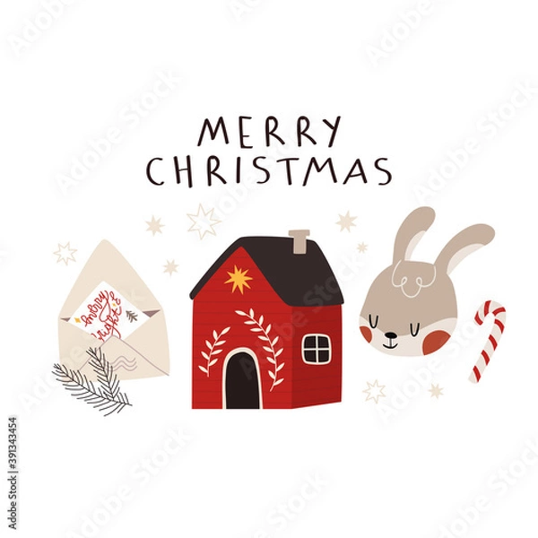 Obraz Merry Christmas greeting card tempale with winter cottage, bunny and envelope for Santa. Winter holidays card or poster. Vector winter set