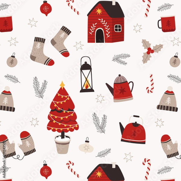 Obraz Winter seamless pattern with cottages, Christmas tree, candy canes, teapots and leaves. Scandinavian winter seamless pattern. Vector winter pattern
