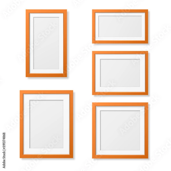 Fototapeta Vector 3D Reaistic Wooden or Plastic Simple Modern Minimalistic Orange Picture Frame Set Isolated on White Background. Design Template for Mockup, Presentations, Art Projects and Photos