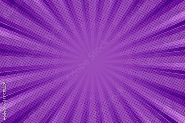 Fototapeta Pop art background for poster or book in purple color. Radial rays backdrop with halftone effect in comics style design.