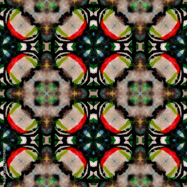 Obraz Ethnic Pattern. Abstract Kaleidoscope Design. Black, Green Seamless Texture. Seamless Tie Dye Illustration. Ikat Japanese Print. Ethnic CraftHand Made Pattern.