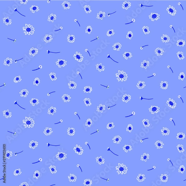 Fototapeta Seamless repeat pattern blue daisies hand drawn 