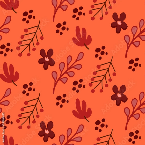 Fototapeta seamless pattern with autumn leaves and flowers warm red