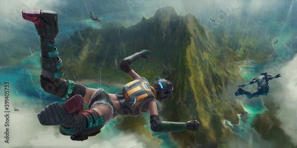 Fototapeta Heroic players parachute into the chaotic action of a virtual battlefield below. A fictional image showing a video game scene of players descending towards a tropical island. 