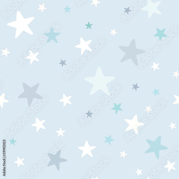 Fototapeta Baby boy nursery seamless pattern with grey stars on blue background. Perfect for fabric, textile, nursery decoration, baby shower. Surface pattern design.