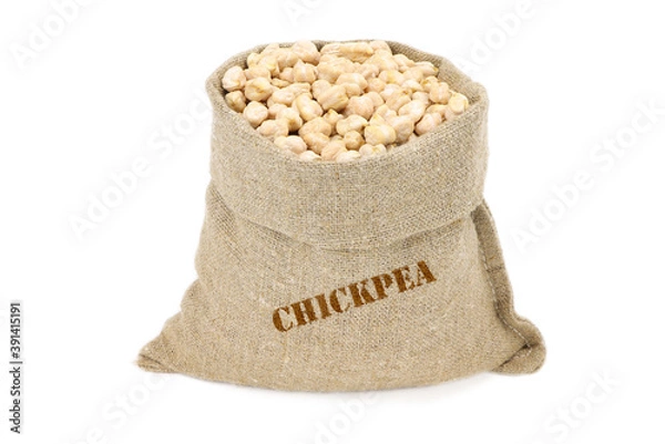 Fototapeta Chickpea in a sack isolated on a white background. Chickpea in a burlap sack. Healthy food. Chickpea in a jute bag