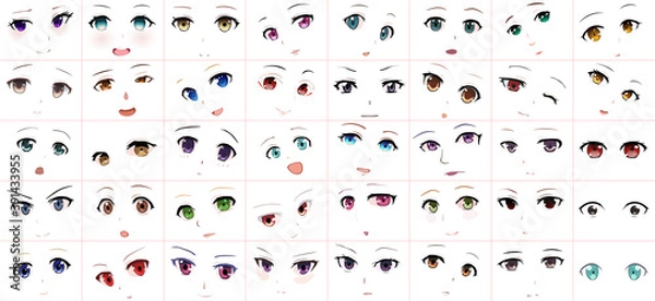 Obraz Set of Vector Cartoon Anime Style Expressions. Kawaii Cute Faces. Different Eyes, Mouth, Eyebrows. Joy. Anger. Calmness. Anime girl in japanese. Anime style, drawn vector illustration. Sketch. Big Set