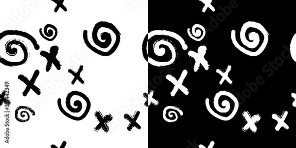 Obraz seamless pattern with black and white doodles. crosses and spirals. contour and silhouettes. Modern abstract design for packaging, paper, cover, fabric, interior decor and clothes. print