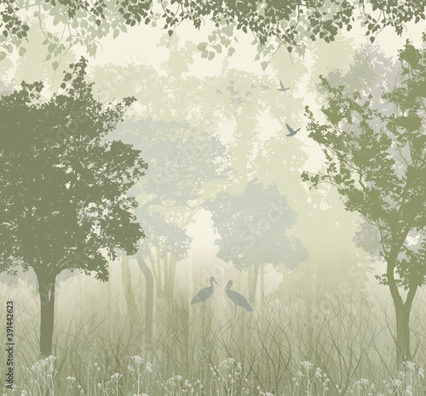 Obraz Wallpaper. Green forest with birds. 
Green background